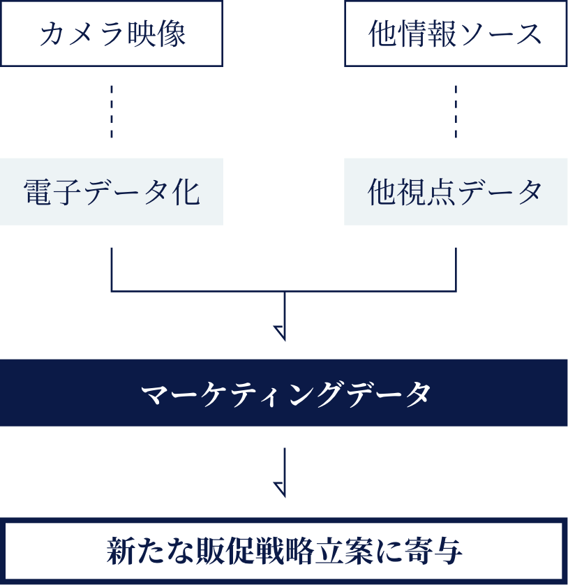 Canalyze（キャナライズ）をマーケティングに活かす為のフロー図のイメージ　カメラ映像やその他情報ソースを電子データ化または、他視点データ化し、マーケティングデータとして、新たな販促戦略案に寄与